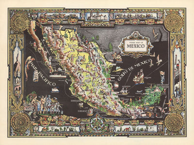 Carte ancienne du Mexique, 1939 : Mexico, cathédrale, océan Pacifique, explorateurs, bordure décorative