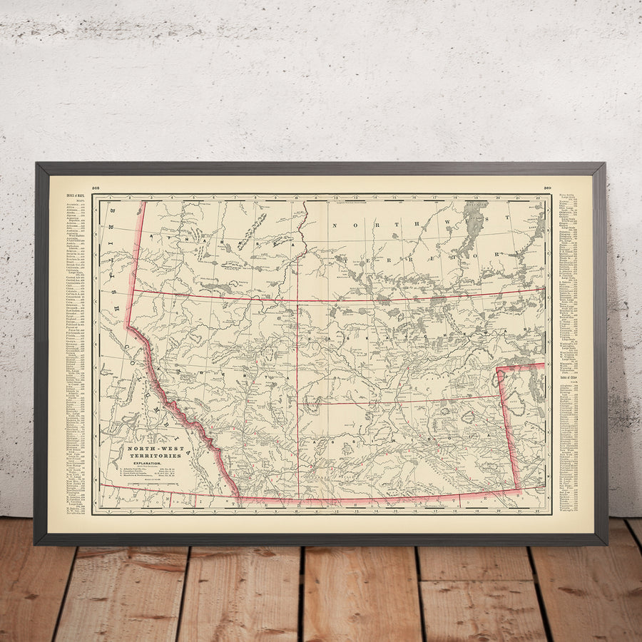 Antica mappa del territorio nord-occidentale del Canada di Cram, 1891: Edmonton, Calgary, ferrovie 
