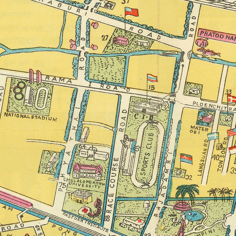 Old Map of Bangkok, 1954: Chao Phraya, Wat Arun, Grand Palace, Dusit, Lumphini Park