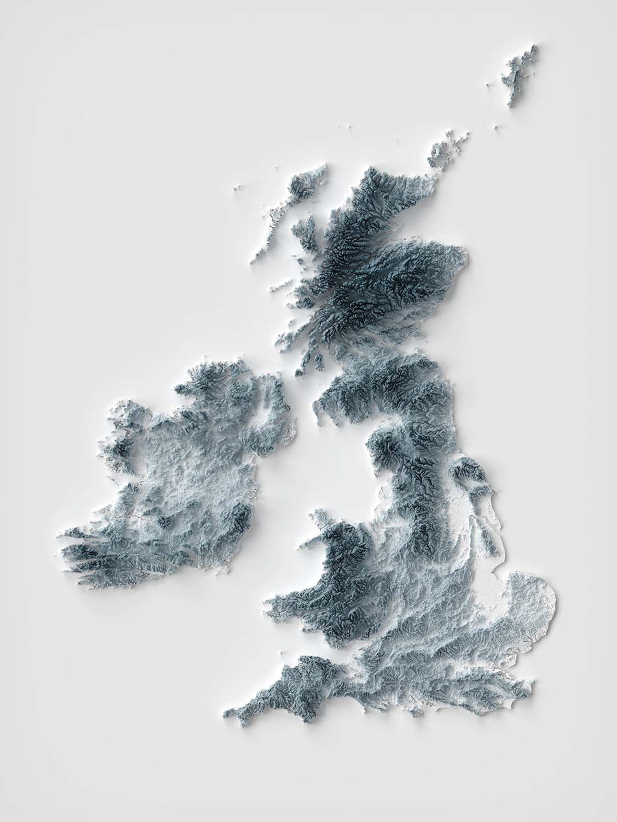 Carte topographique en relief 3D des îles britanniques (Royaume-Uni et Irlande) 