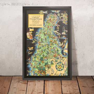 Carte picturale du comté de San Mateo, Californie par Ruth Taylor White, 1930 : Chemin de fer Southern Pacific, Réservoir de Crystal Springs, Pont de Dumbarton, Redwood City, Half Moon Bay 