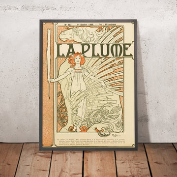A framed image of La Plume by Alphonse Mucha, 1860