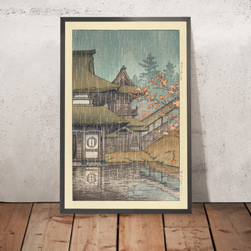 Une image encadrée du temple Yamadera par temps de pluie à Sendai, par Hasui Kawase, 1935