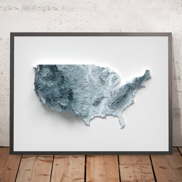 Una imagen enmarcada de un mapa topográfico en relieve en estilo 3D de Estados Unidos
