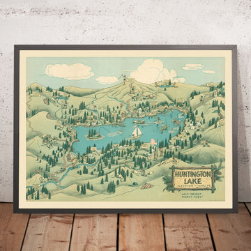 Alter bildlicher Stadtplan des Huntington Lake, CA von Jones, 1940: Kaiser Peak, Twin Lakes, Camps, Trails, Brandverhütung 