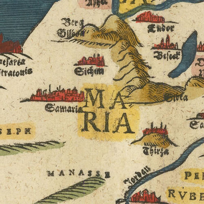 Alte Karte von Israel von Bunting, 1581: Jerusalem, Jordan, Totes Meer, Berg Karmel, Seeungeheuer