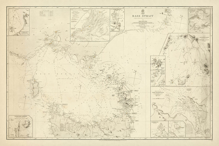 Alte nautische Karte des Bass Strait von Stokes, 1844: Australien, Tasmanien, Port Dalrymple, King Island 