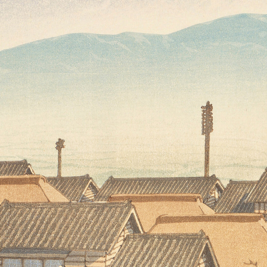 Matin à Motoyoshiwara avec le Mont Fuji par Hasui Kawase 1935 