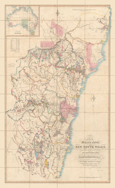 Mapa antiguo de Nueva Gales del Sur de Dixon, 1837: Sídney, Newcastle, Wollongong, ríos, condados