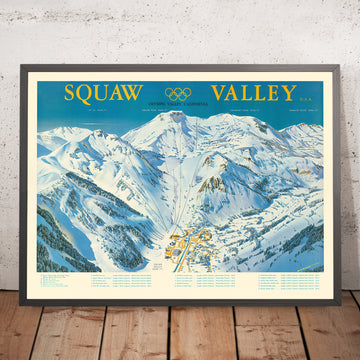 Alte bildliche Karte der Olympischen Winterspiele 1960, Squaw Valley USA: Luftseilbahn, Olympisches Dorf, Granite Chief 