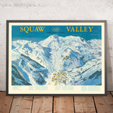 Antica mappa illustrata delle Olimpiadi Invernali del 1960, Squaw Valley USA: Funivia aerea, Villaggio Olimpico, Granite Chief 