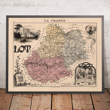 Ancienne carte picturale du Lot, France par Vuillemin, 1869 : Cahors, Figeac, Gourdon, rivière Lot, Rocamadour 