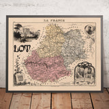 Alte bildliche Karte des Départements Lot, Frankreich von Vuillemin, 1869: Cahors, Figeac, Gourdon, Fluss Lot, Rocamadour 