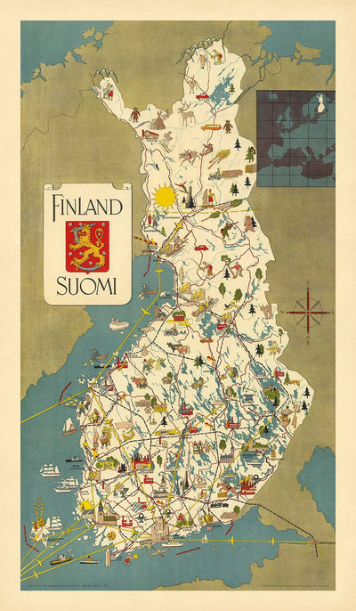 Old Pictorial Map of Finland, 1949: Helsinki, Turku, Lakes, Wildlife, Railroads