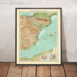 Alte Karte von Ostspanien von Bartholomew, 1922: Barcelona, Valencia, Pyrenäen, Ebro-Delta, Sierra Nevada 
