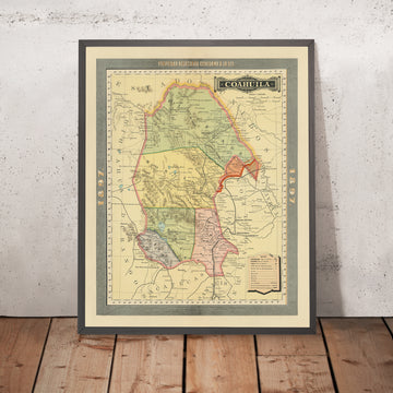 Ancienne carte de Coahuila par García y Cubas, 1897 : Saltillo, Torreón, Monclova, chemins de fer, Rio Grande 