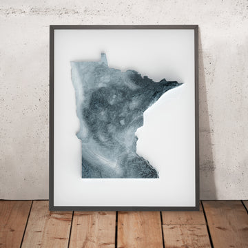 A framed image of a 3D style topographic relief map ofMinnesota