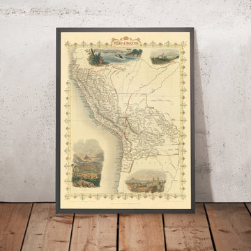 Old Map of Peru & Bolivia by Tallis, 1851: Lima, Potosi, Lake Titicaca, Andes, Atacama Coast