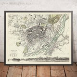 Old City Plan Map of Munich, 1832: Frauenkirche, Residenz, Hofgarten, Königsplatz, Isar River