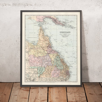 Old Map of Queensland by Stanford, 1904: Brisbane, Townsville, Cairns, Great Dividing Range, Torres Strait