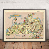 Mapa pictórico de Kentucky de Ruth Taylor White, 1935: Louisville, Lexington, carreras de caballos, bourbon, Apalaches 