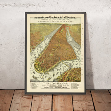 Old Birdseye Map of New York by Root & Tinkler, 1879: Central Park, Brooklyn Bridge, Battery Park, Broadway, East River