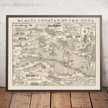 Mapa antiguo del Lago de Constanza de Münster, 1540: frontera germano-suizo-austriaca, Konstanz, Lindau, Bregenz, St. Gallen, estilo Holbein 