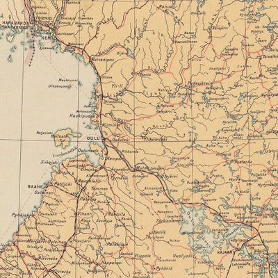 Mapa antiguo de Finlandia (Suomi), 1930: Helsinki, Tampere, golfo de Botnia, ferrocarriles, fronteras