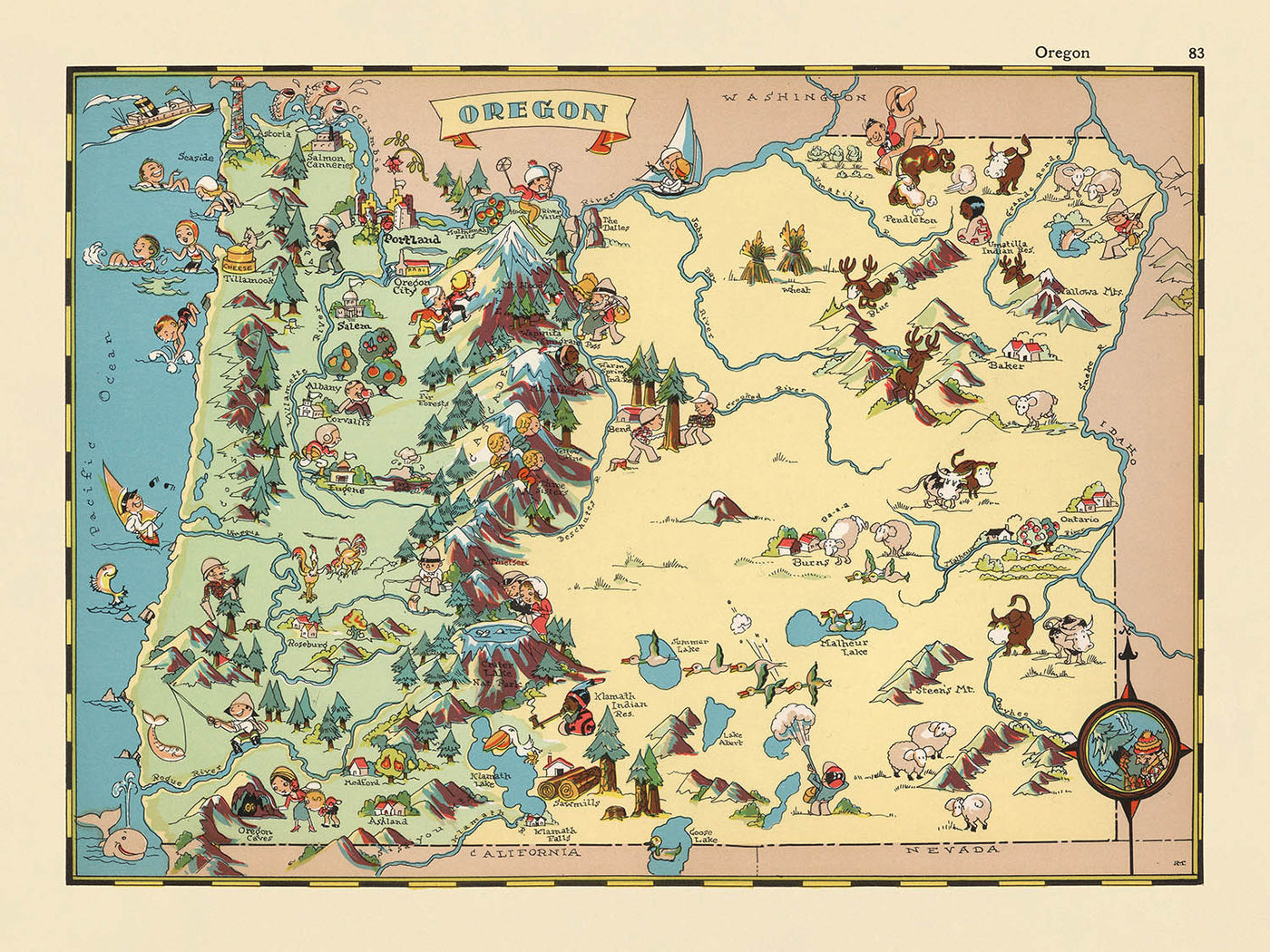 Pictorial Map of Oregon by Ruth Taylor White, 1935: Portland, Cascades, Timber, Columbia River, Coast