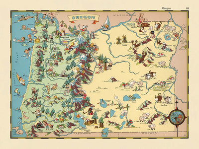Pictorial Map of Oregon by Ruth Taylor White, 1935: Portland, Cascades, Timber, Columbia River, Coast