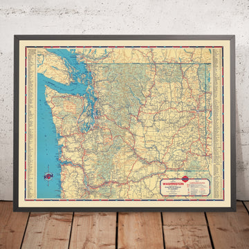 Old Road Map of Washington, 1937: Seattle, Spokane, Mt Rainier NP, Columbia River, US 99-10-101
