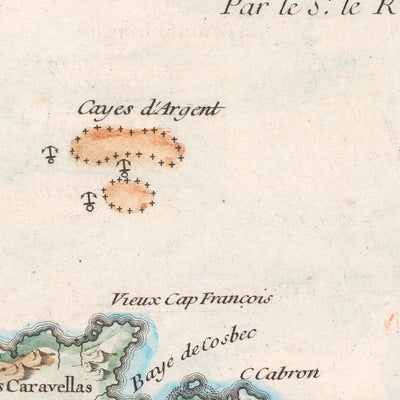 Old Map of Haiti and Dominican Republic by Le Rouge, 1748: Santo Domingo, Les Cayques, Turks & Caicos