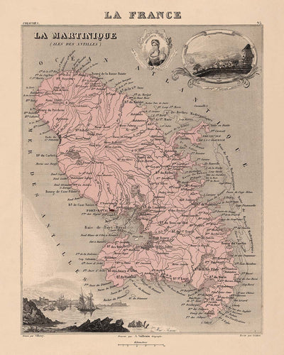 Old Map of Martinique, Lesser Antilles by Vuillemin, 1869: Fort-de-France, Saint-Pierre, Sugar Cane