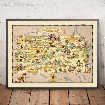 Pictorial Map of Kansas by Ruth Taylor White, 1935: Wichita, Kansas City, Topeka, Railroads, Sunflowers