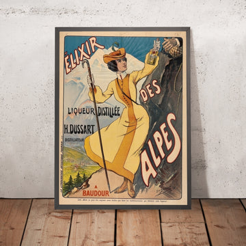 A framed image of Elixir des Alpes Vintage Liqueur Poster by Léon Belloguet, 1900