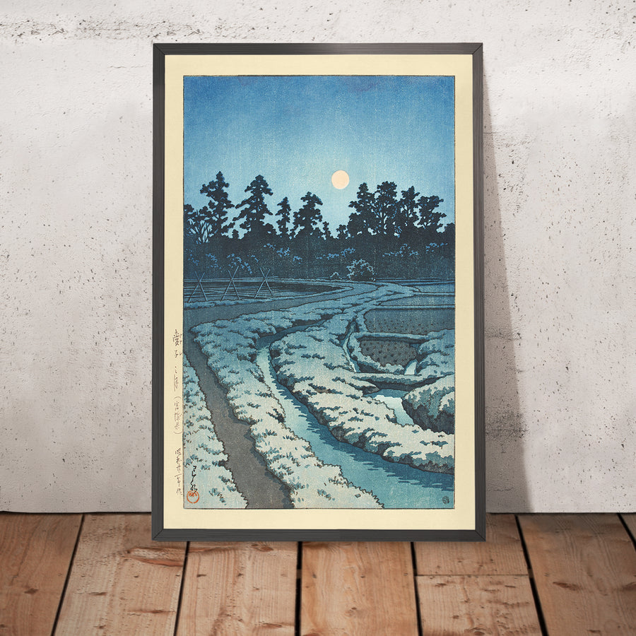 A framed image of Full Moon at Ayashi by Hasui Kawase 1935