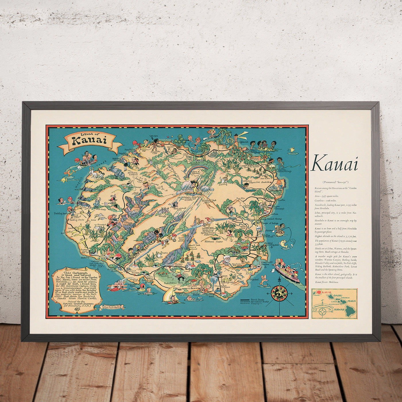 Old Pictorial Map of Kauai, 1935: Waimea Canyon, Na Pali Coast, Hanalei Bay, Mount Waialeale, Wailua River