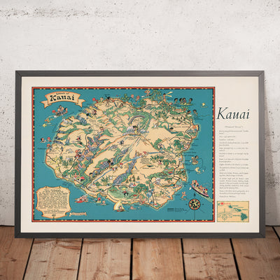 Old Pictorial Map of Kauai, 1935: Waimea Canyon, Na Pali Coast, Hanalei Bay, Mount Waialeale, Wailua River