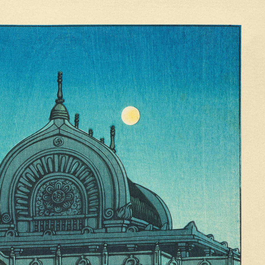 Evening Moon at Honganji Temple in Tsukiji by Hasui Kawase 1935