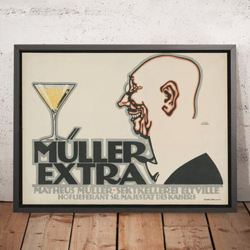A framed image of Müller Extra Vintage Sparkling Wine Poster by Julius Klinger, 1912