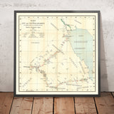 Carte des voyageurs allemands d'Arabie par Raunkiaer, 1912 : Riyad, Koweït, Golfe Persique, Routes de caravanes, Déserts 