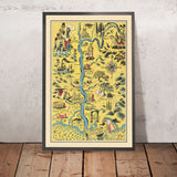Alter bildlicher Plan des Rhoneflusses von Boucher, 1938: Lyon, Nîmes, Avignon, Mont-Ventoux, Sehenswürdigkeiten 
