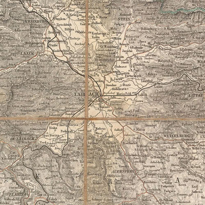 Mapa antiguo de los Alpes orientales y julianos de Mayr, 1874: Trieste, mar Adriático, montañas alpinas, ferrocarriles, Hachures