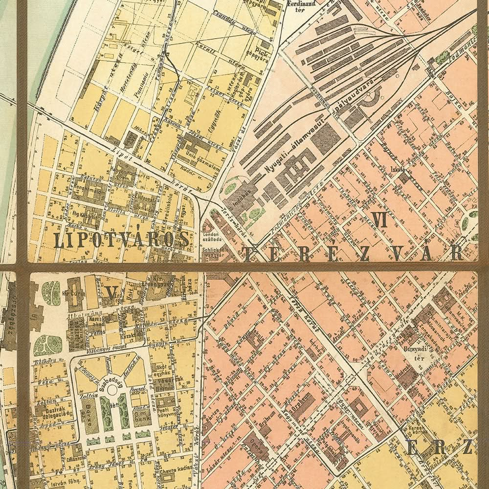 Mapa antiguo de Budapest de Homolka, 1903: Puente de las Cadenas, Parlamento, colina Gellért, avenida Andrássy, colina del Castillo