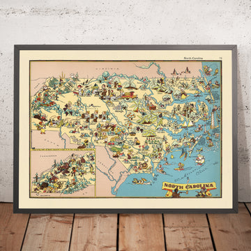 Mappa Pittorica Antica della Carolina del Nord di Ruth Taylor White, 1935: Charlotte, Raleigh, Monti Appalachi, Outer Banks, Fabbriche Tessili 