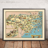 Antiguo mapa pictórico de Carolina del Norte de Ruth Taylor White, 1935: Charlotte, Raleigh, montañas Apalaches, Outer Banks, fábricas textiles 