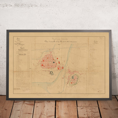 Old Military & Street Map of Carcassonne by Viollet-le-Duc, 1854: Cité Fortifications, Château, Basilica