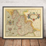Old Map of Lancashire, England by Saxton, 1579: Manchester, Liverpool, Preston, Blackburn, Wigan