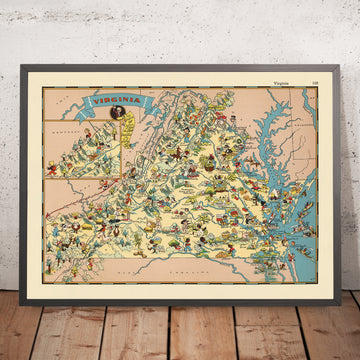 Bildkarte von Virginia von Ruth Taylor White, 1935: Richmond, Norfolk, Chesapeake Bay, Blue Ridge Mountains, Jamestown 