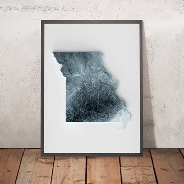 Ein gerahmtes Bild einer topografischen Reliefkarte von Missouri im 3D-Stil